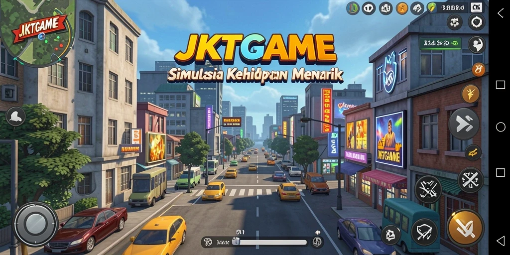 Tampilan gameplay JKTGAME dengan interaksi karakter dan lingkungan kota.