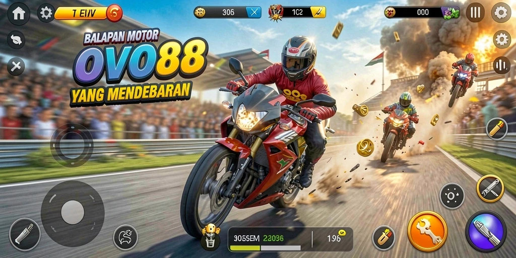 Screenshot OVO88 menampilkan balapan motor penuh adrenalin.