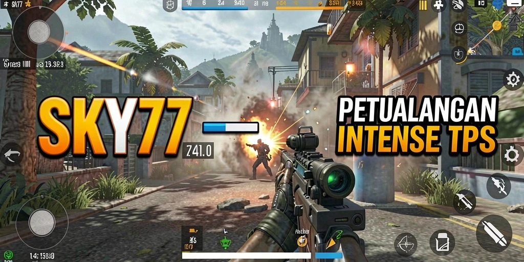 Tampilan gameplay intens dari <strong>SKY77</strong> yang menampilkan aksi pertempuran TPS.